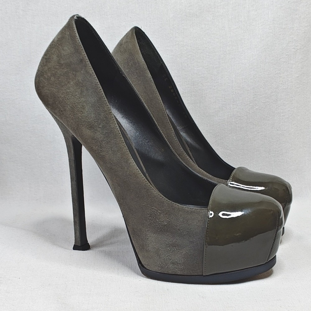 Yves Saint Laurent YSL Tribtoo Suede Platform Pumps‎ Olive Green Cap Toe 38 7.5